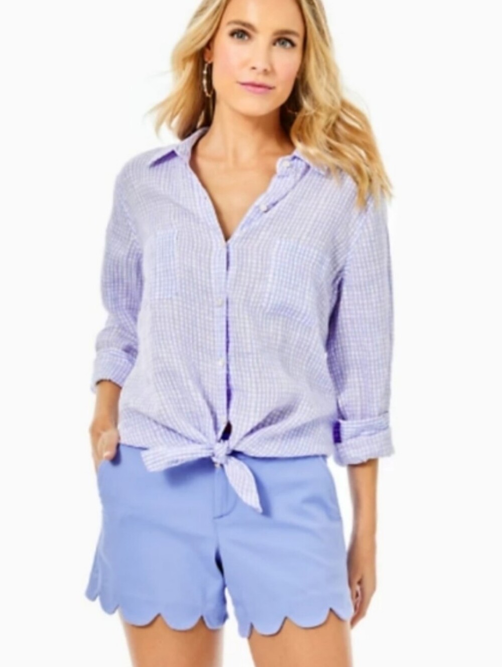 Lilly Pulitzer Sea View Linen Button Down Top in Lilac Verbena Gingham Size M - Picture 3 of 16